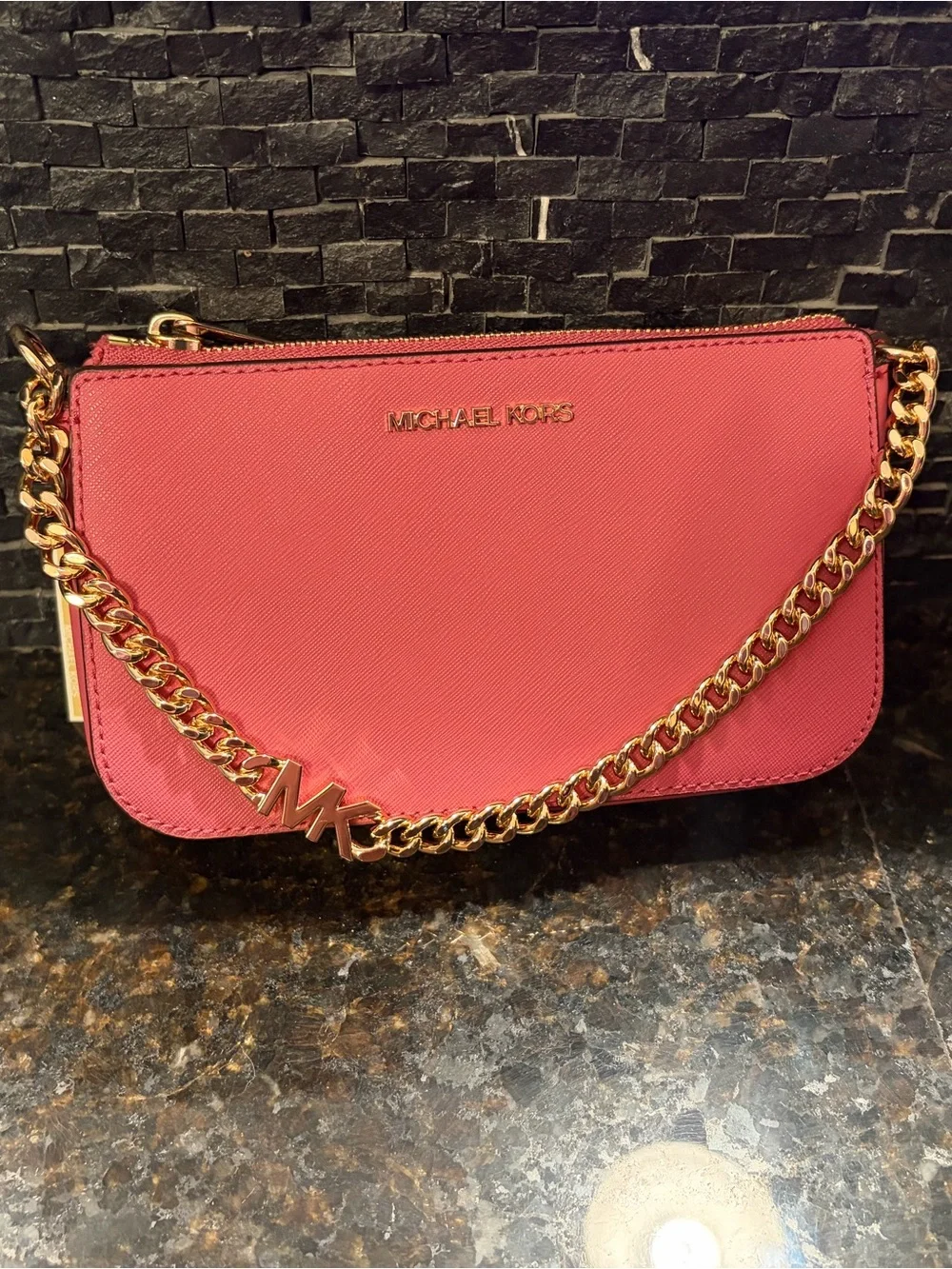 Michael Kors Hot Pink Saffiano Leather Crossbody with Gold Chain